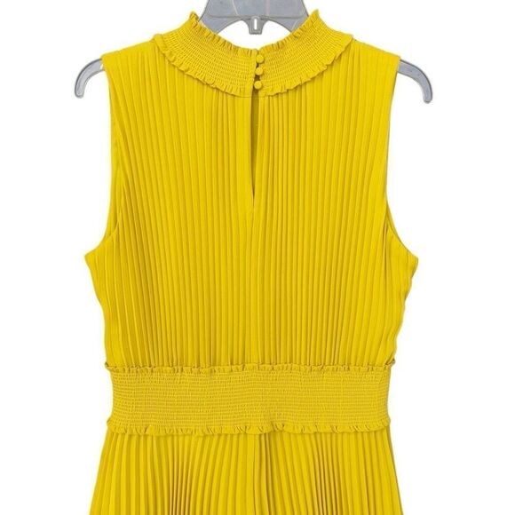 Nanette Lepore Smocked Neck Flattery MIDI Dress Pleated Mock Yellow Size 14 - Picture 6 of 10